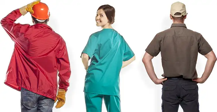 3 workers with their backs to the camera.